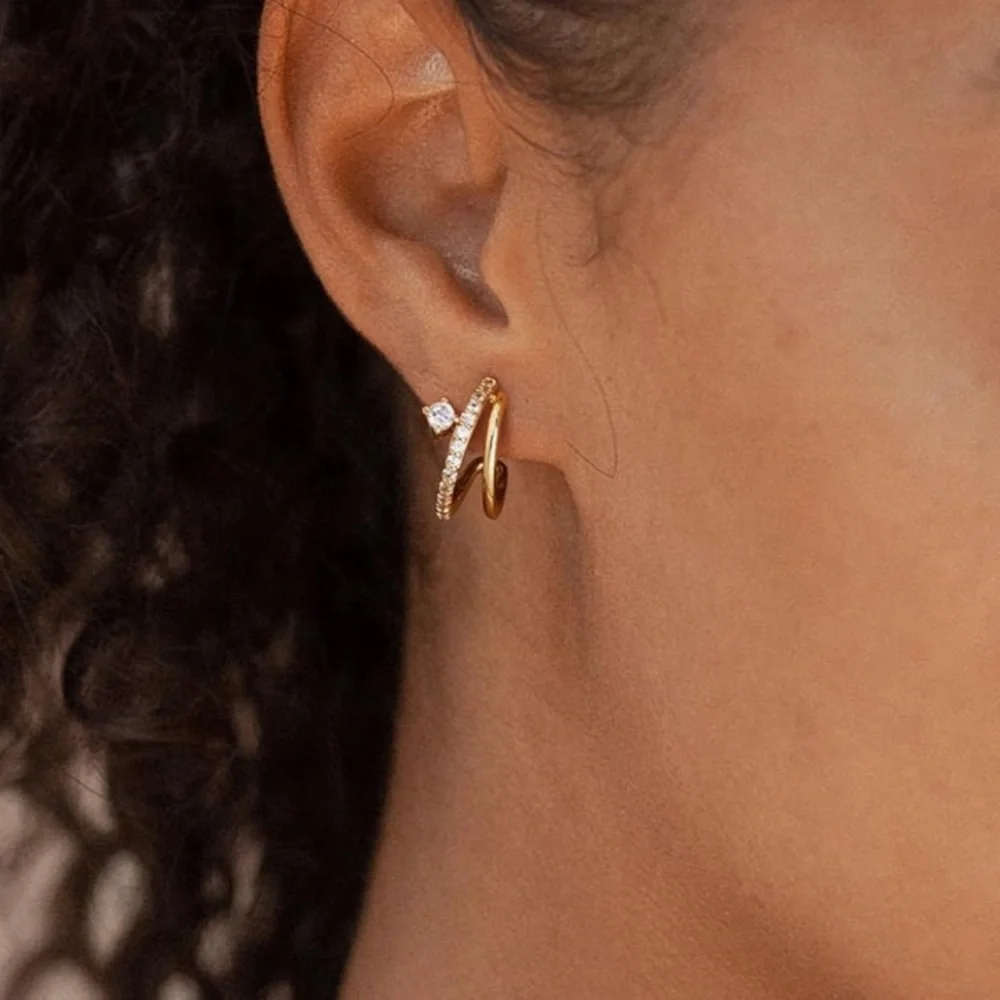 14k Gold CZ Illusion Triple Piercing Dainty Hoops and Stud Earrings - Picture 2 of 6